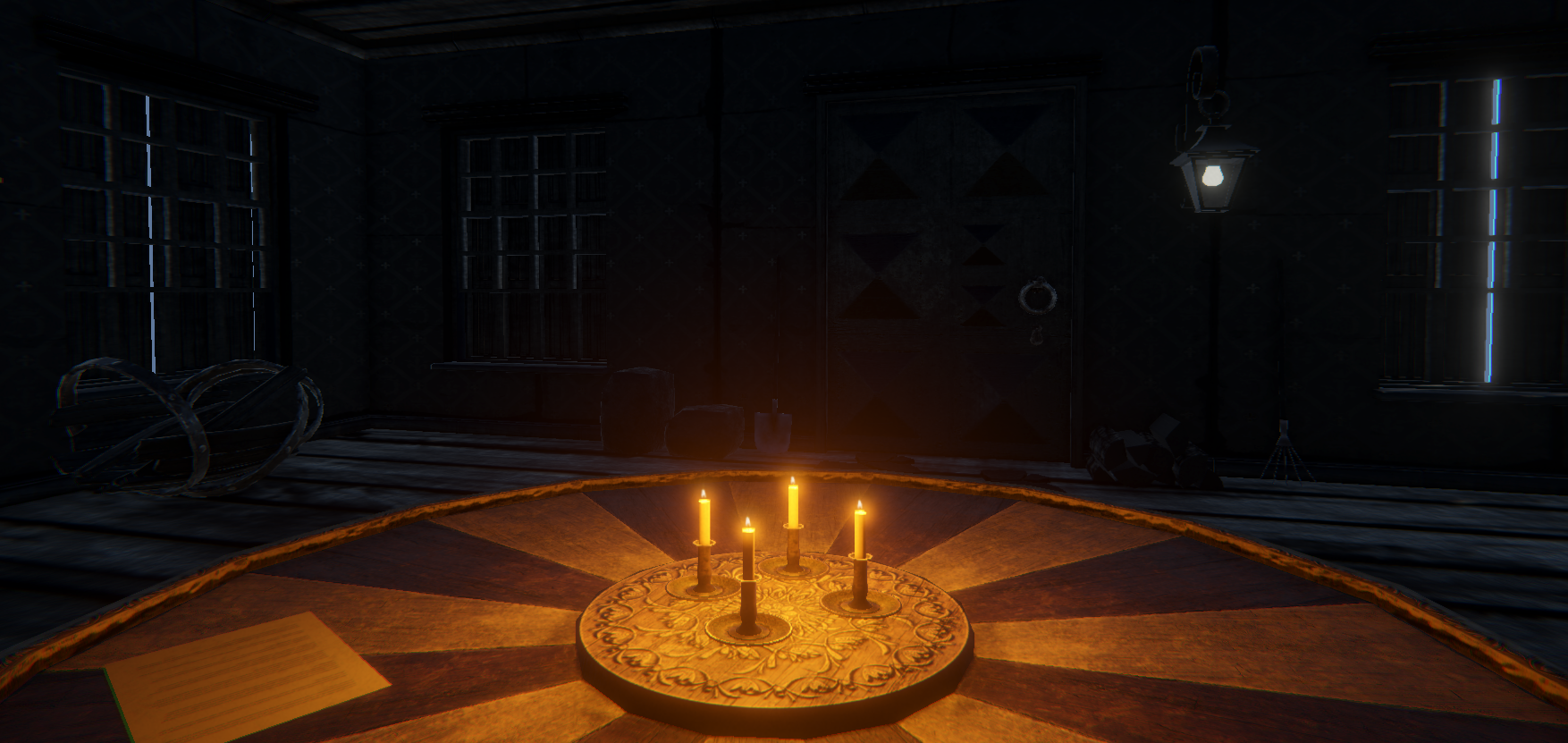 A hauntingly dark room with dim lighting and eerie atmosphere